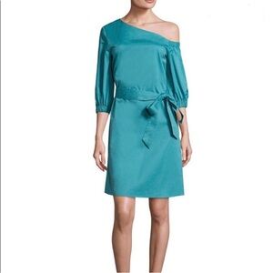Tibi One Shoulder Satin Poplin Midi Dress Belted Cypella Teal Size 10